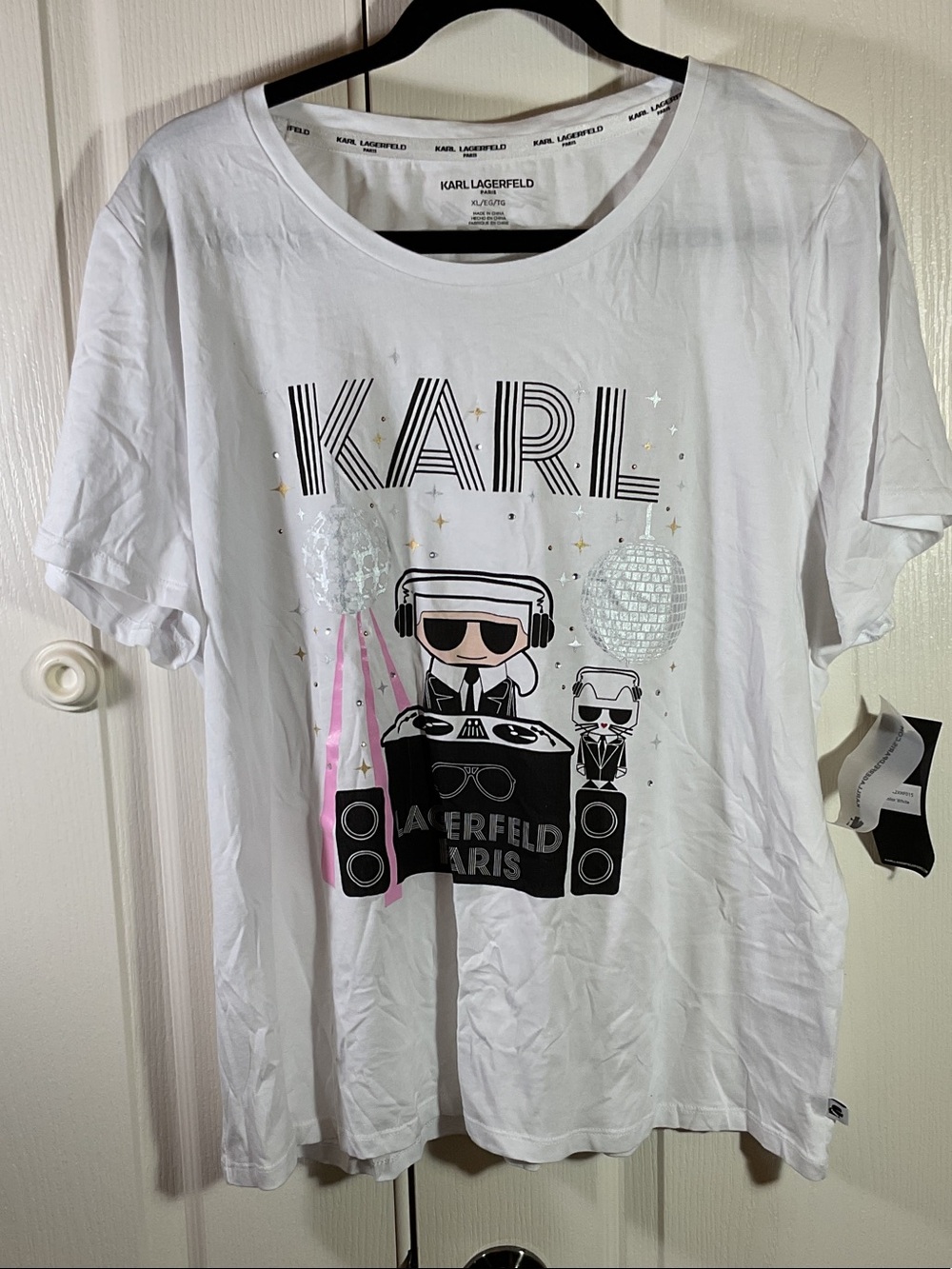Karl Lagerfeld White Graphic DJ Tee with Pink Accents